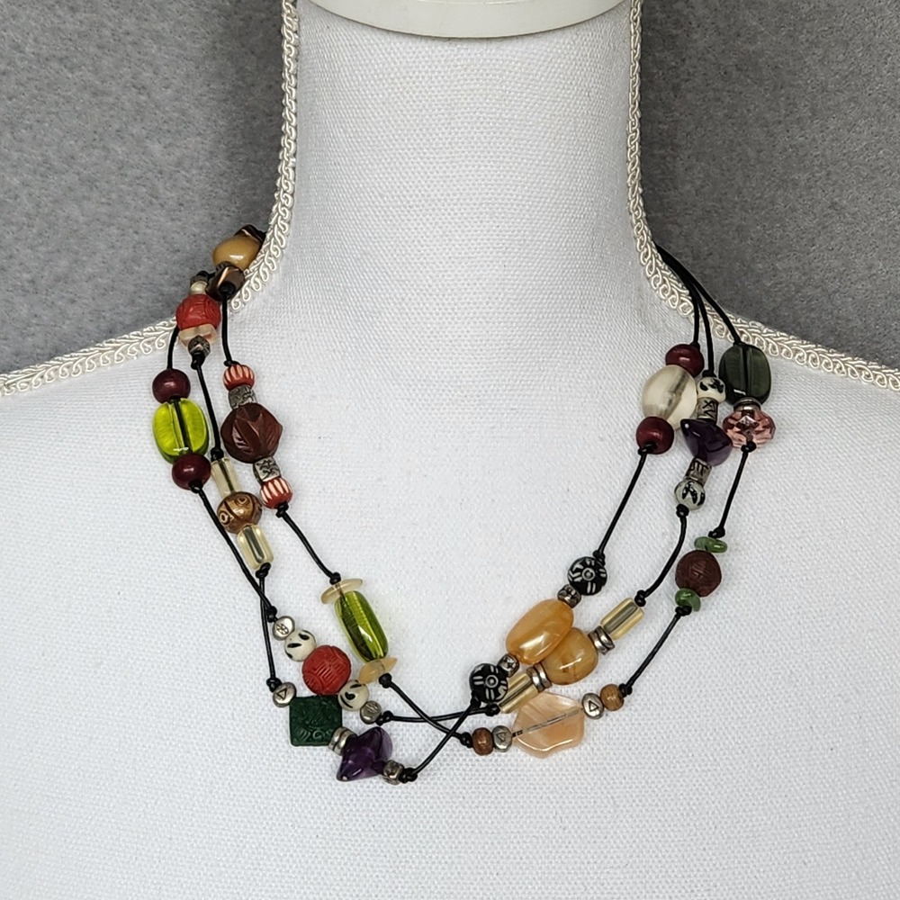 Chico's Colorful Beaded Necklace Quartz‎ Wood Agate Triple Strand Leather Cord